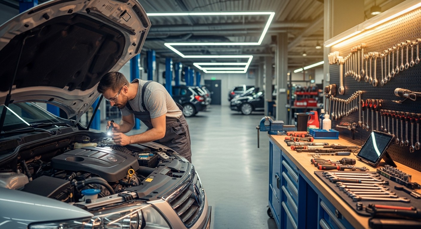 Mechanic inspecting a used car engine bay in a workshop.