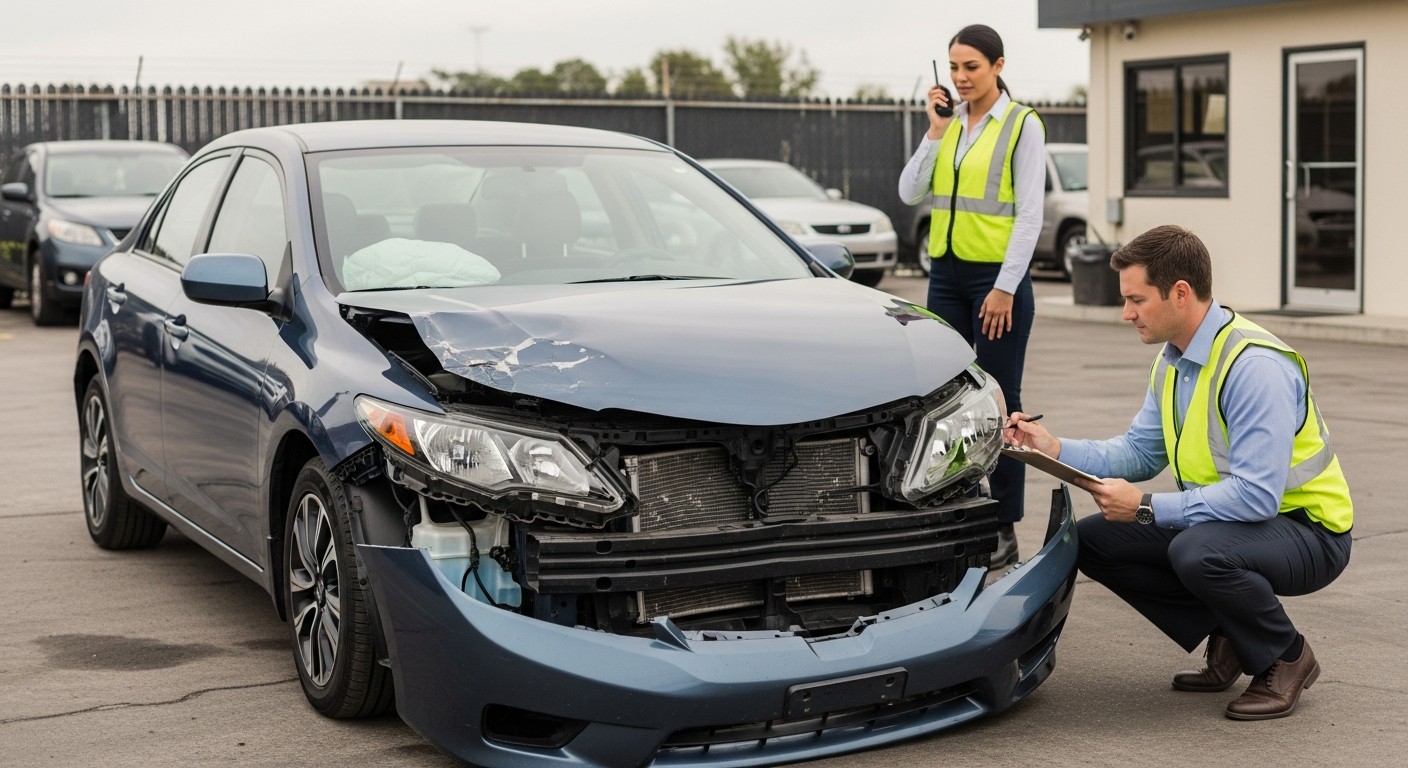 Crash-damaged car with front-end damage in a tow yard awaiting assessment.