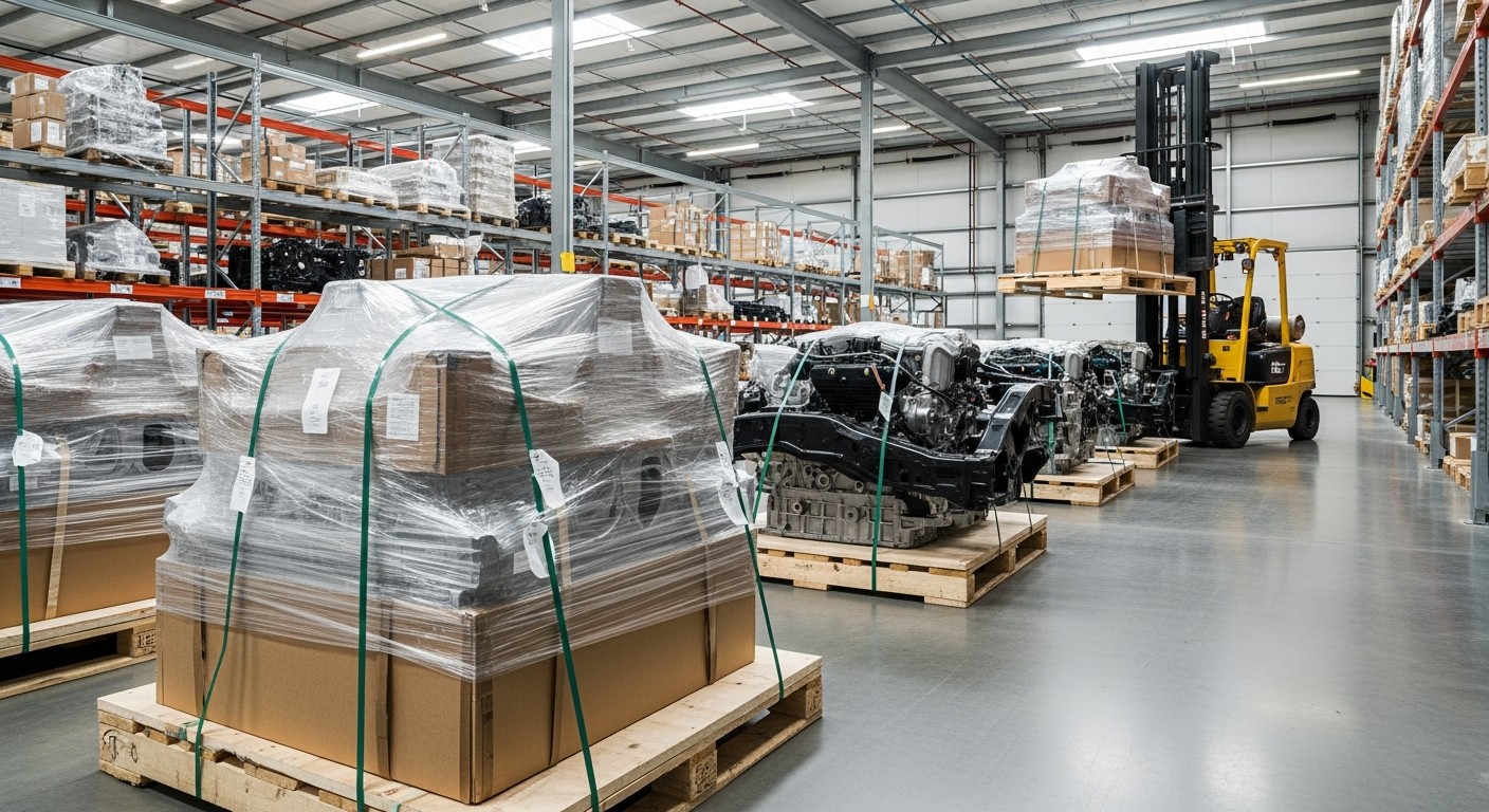 Large auto part wrapped on a freight pallet inside a logistics warehouse.