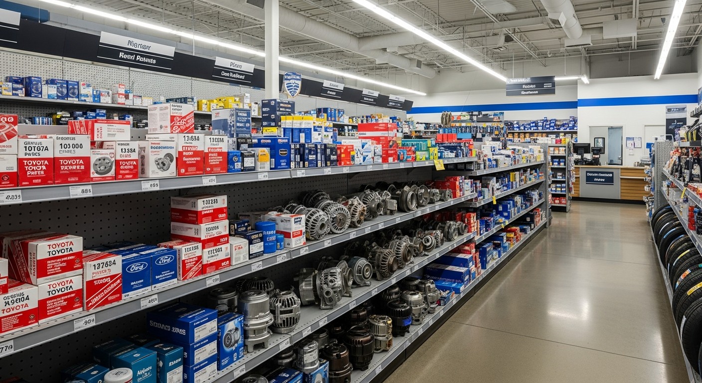 Rows of new and used auto parts lined up on shelves in an automotive store.