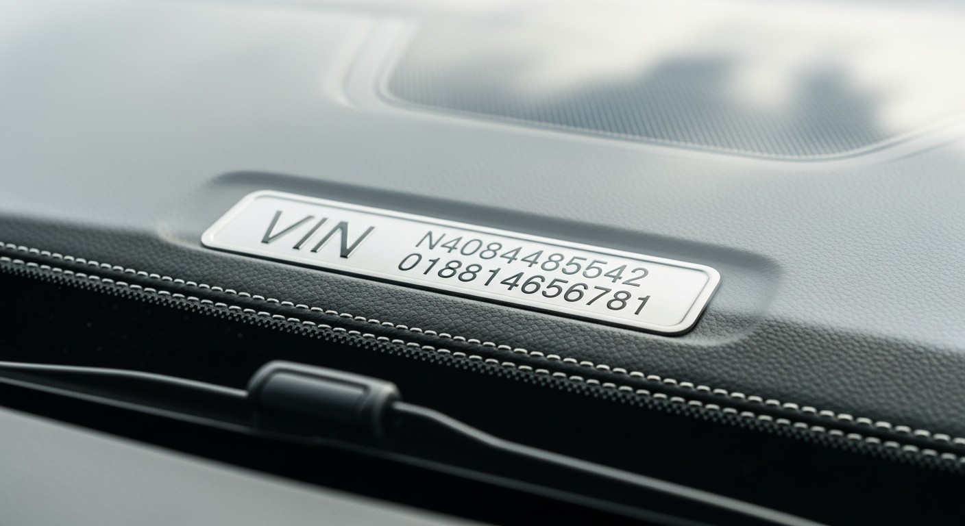 Close-up of a vehicle VIN plate visible through the windshield on a car dashboard.