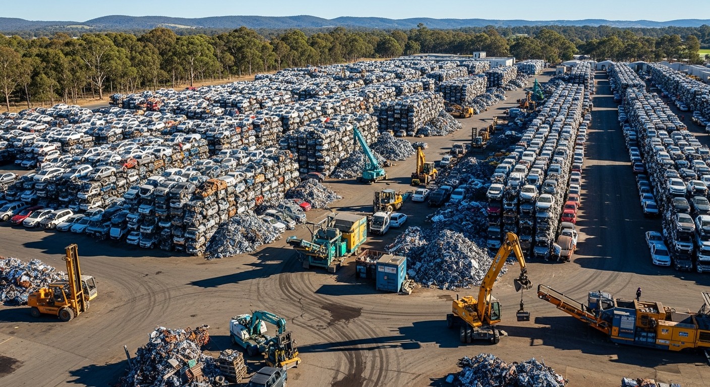 Auto wrecking yard with stacked salvage vehicles being dismantled for parts.